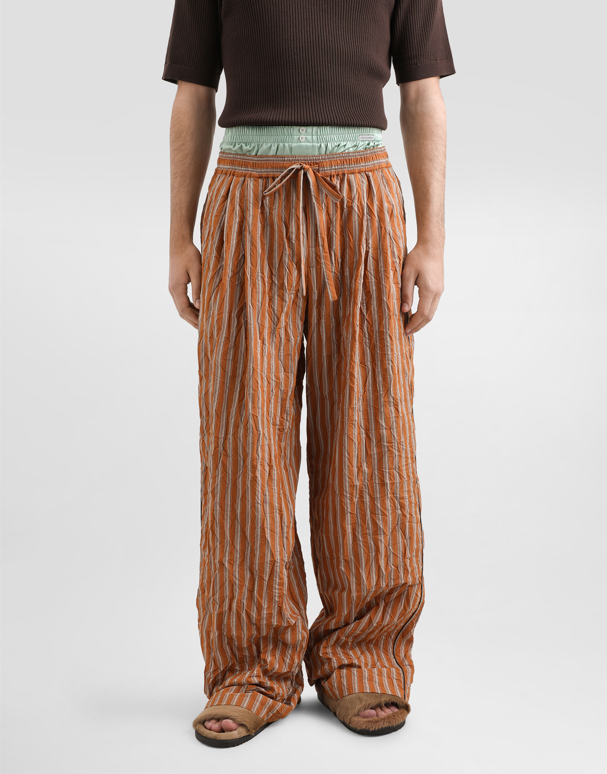 Crinkled striped fabric vanity trousers in Multicolor for Men