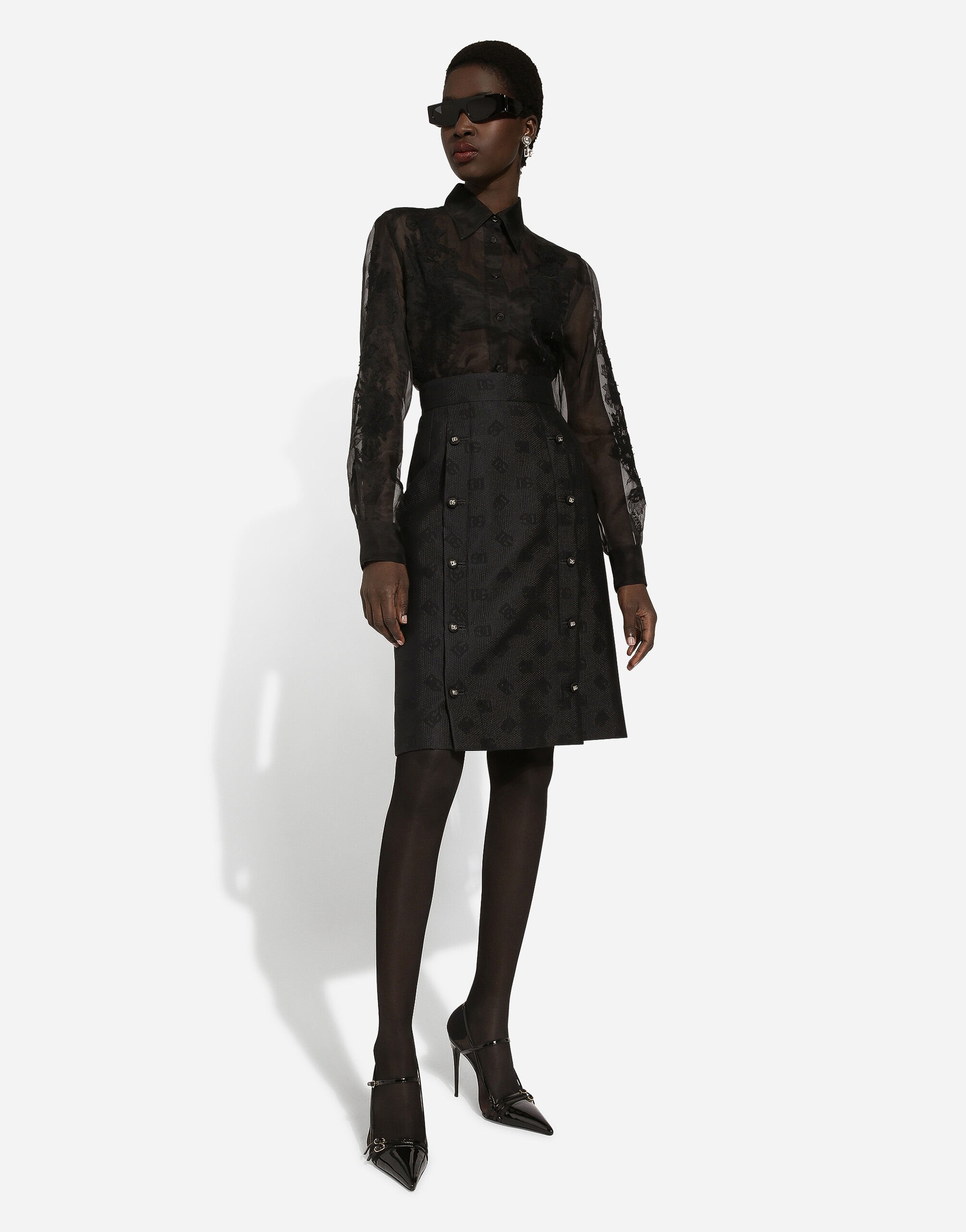 DOLCE & GABBANA ブラックレースシャツ Oversize organza shirt with lace inserts in Black for Men