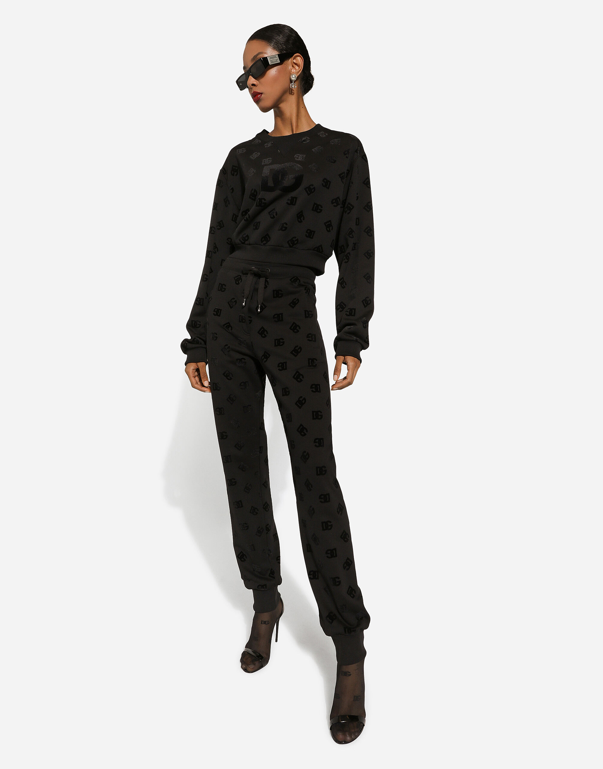 Jersey jogging pants with flocked DG logo print in Black for Women