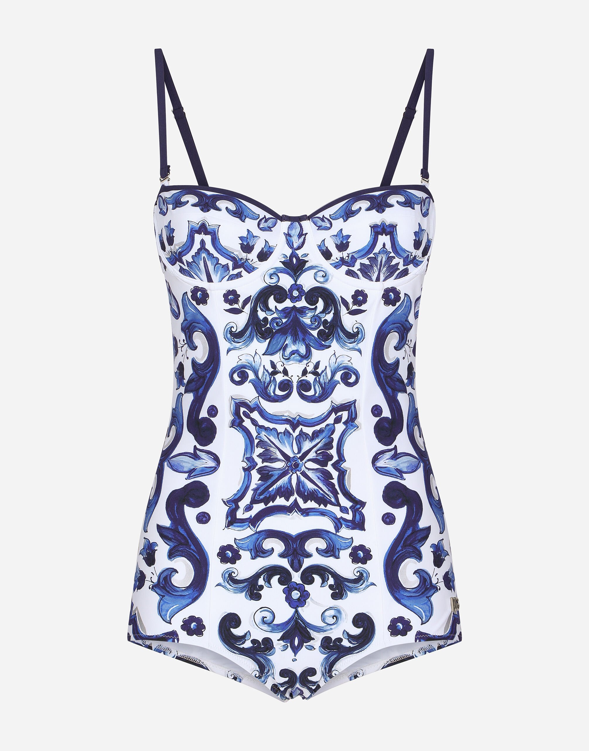 Dolce & Gabbana Majolica-print balconette one-piece swimsuit Blue F6GAMDG8KT2