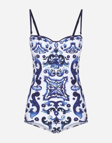 Dolce & Gabbana Majolica-print balconette one-piece swimsuit Blue F6GAMDG8KT2