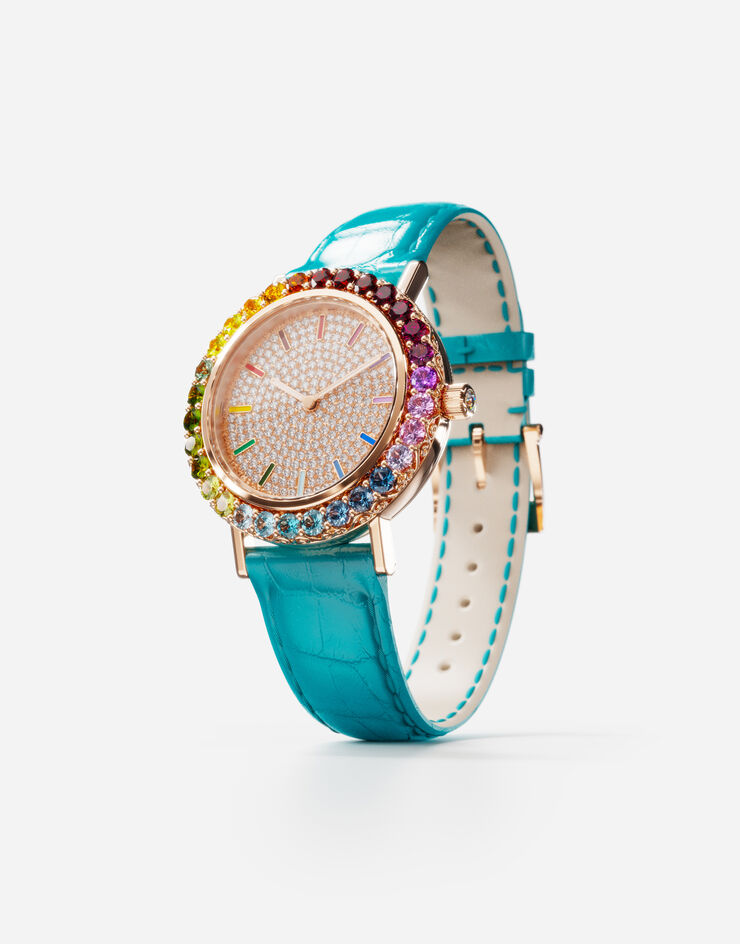 Dolce & Gabbana Reloj Iris en oro rosa con gemas multicolor y diamantes Turquesa WWLB2GXA0XA