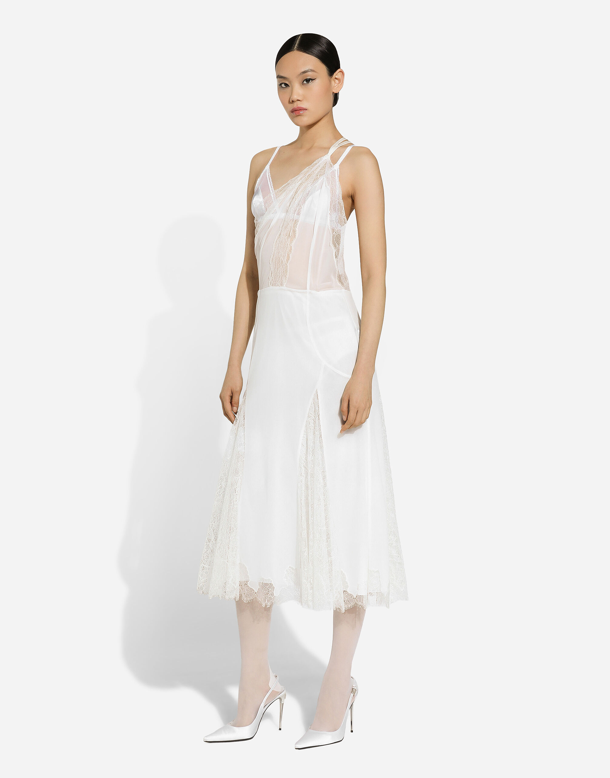 Organzine and lace calf-length dress with asymmetrical neckline in