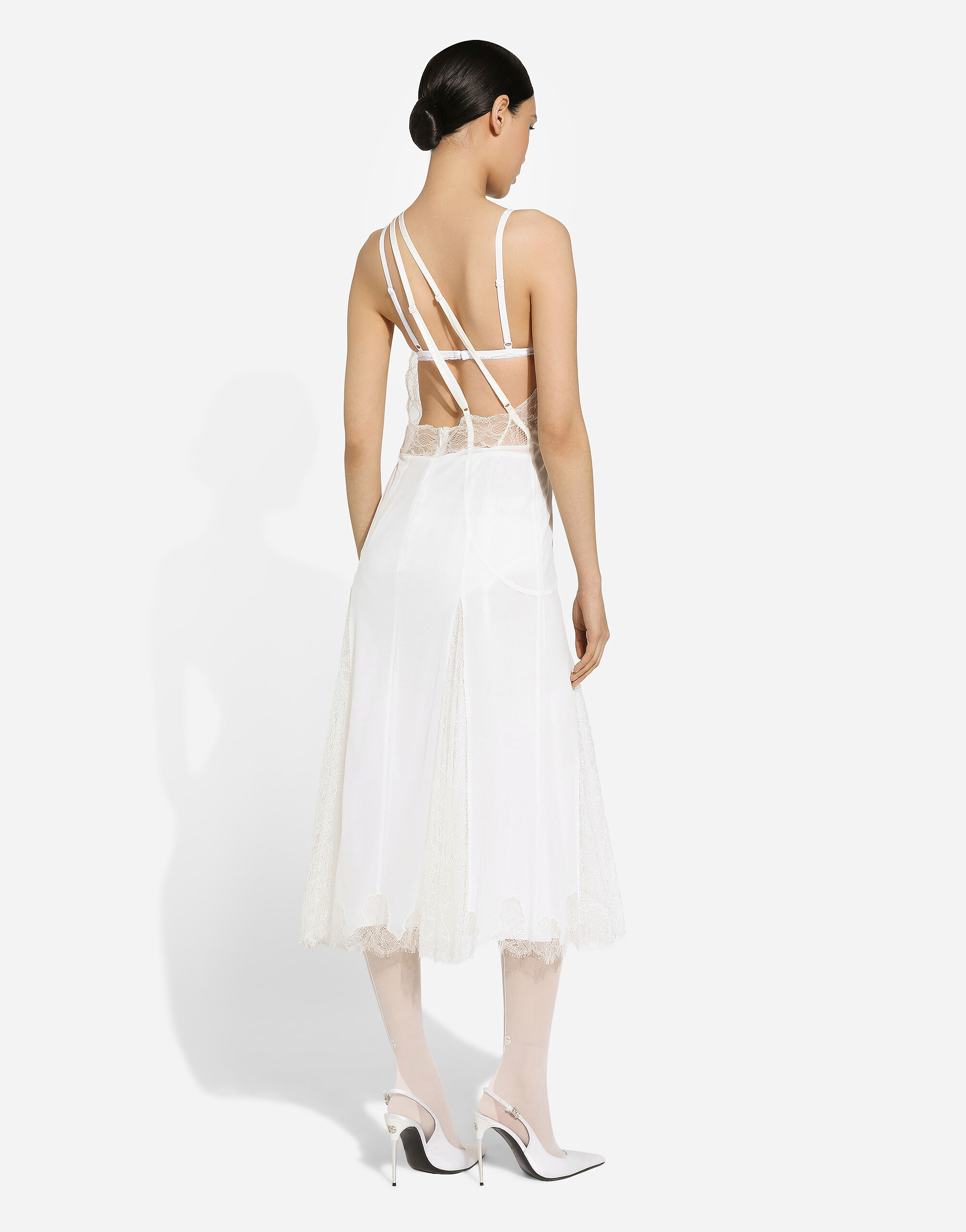 Organzine and lace calf-length dress with asymmetrical neckline in