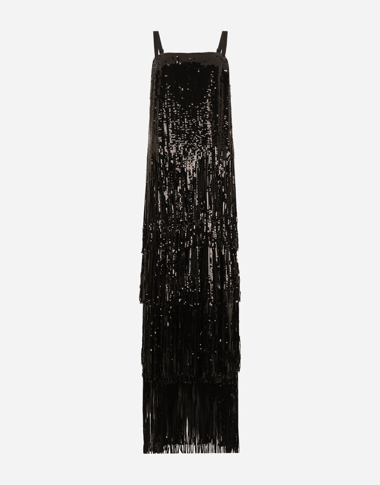 Dolce & Gabbana Long sequined dress with fringing Black F6ZF1ZGDAFK