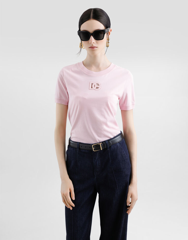 Dolce & Gabbana Camiseta de punto con logotipo DG bordado en relieve Pink F8N08ZGDCX1