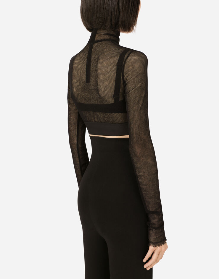 Dolce & Gabbana Tulle crop top with branded elastic Black F8N63TFLEAA