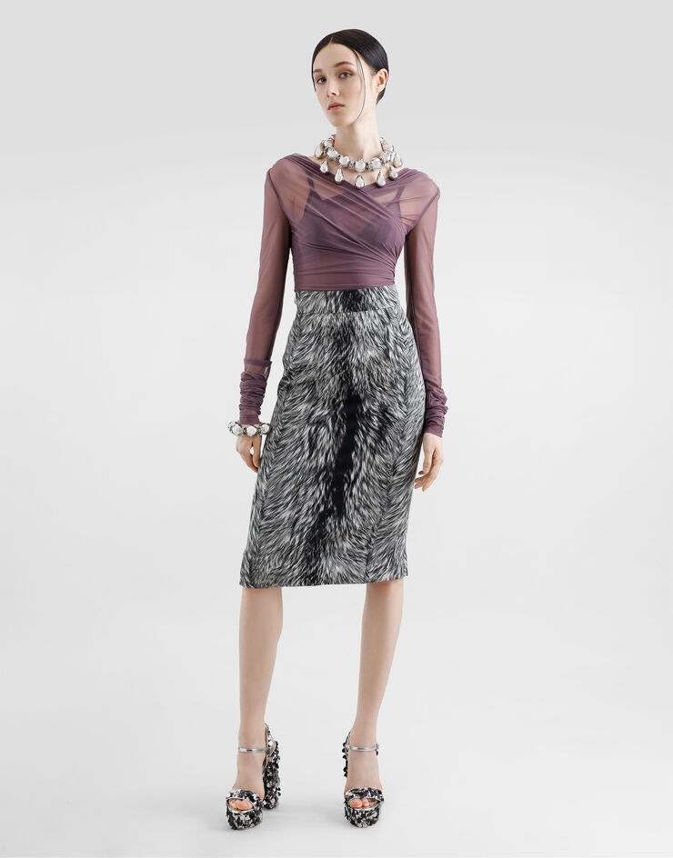 Dolce & Gabbana Charmeuse midi pencil skirt with fur print Grey F4C2LTFSA71