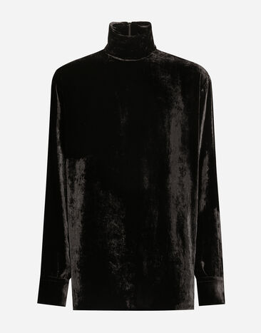 Dolce & Gabbana Jersey de cuello alto ancho de terciopelo con puños de camisa Negro G8SD9TFUVI1