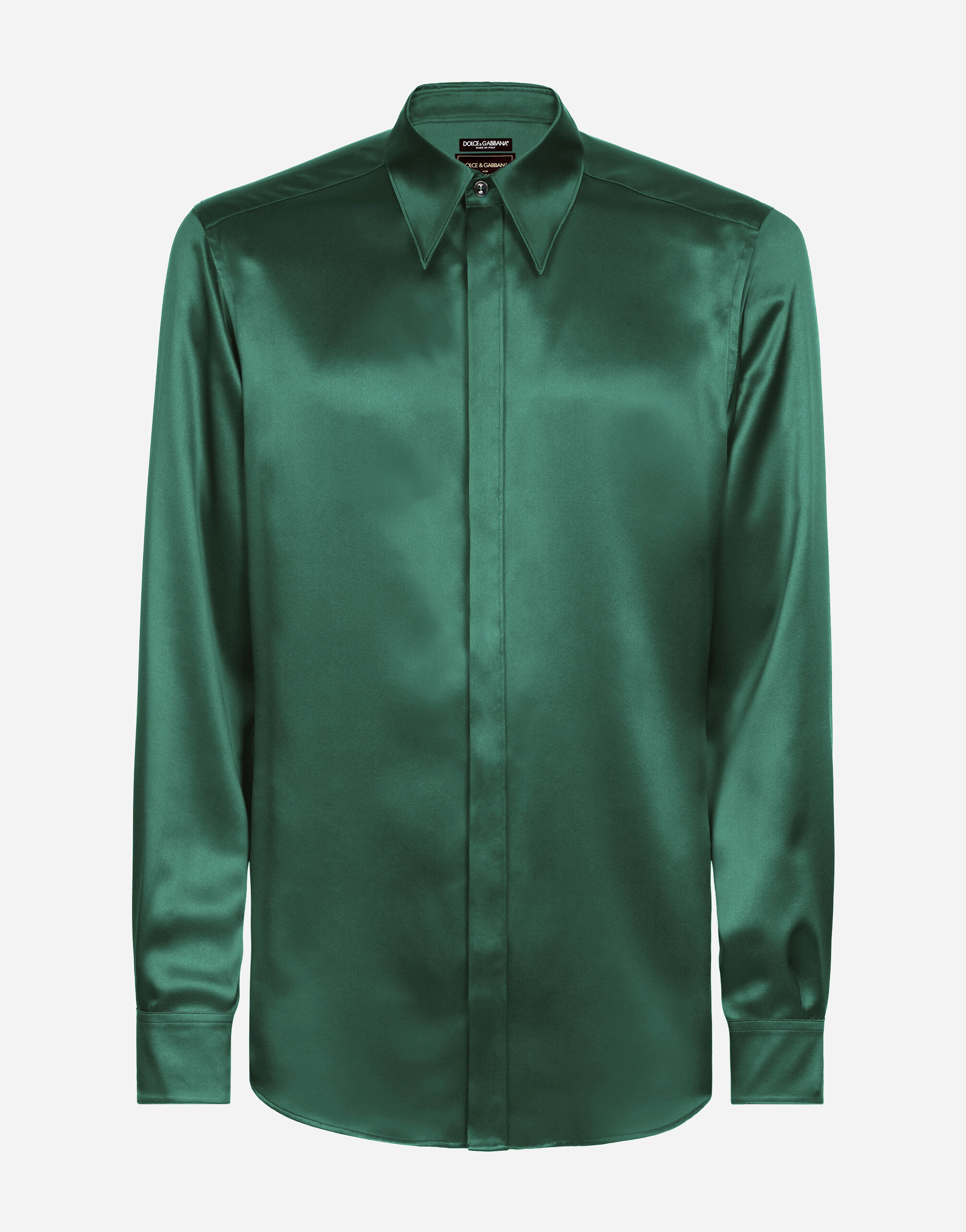 Dolce & Gabbana Silk satin Martini-fit shirt with metal DG logo Multicolor GXP56TJFMA3