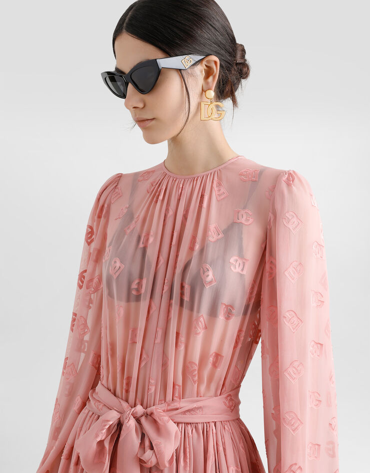 Dolce & Gabbana DG 徽标烧花提花真丝中长连衣裙 Pink F6AOJTFJTBR
