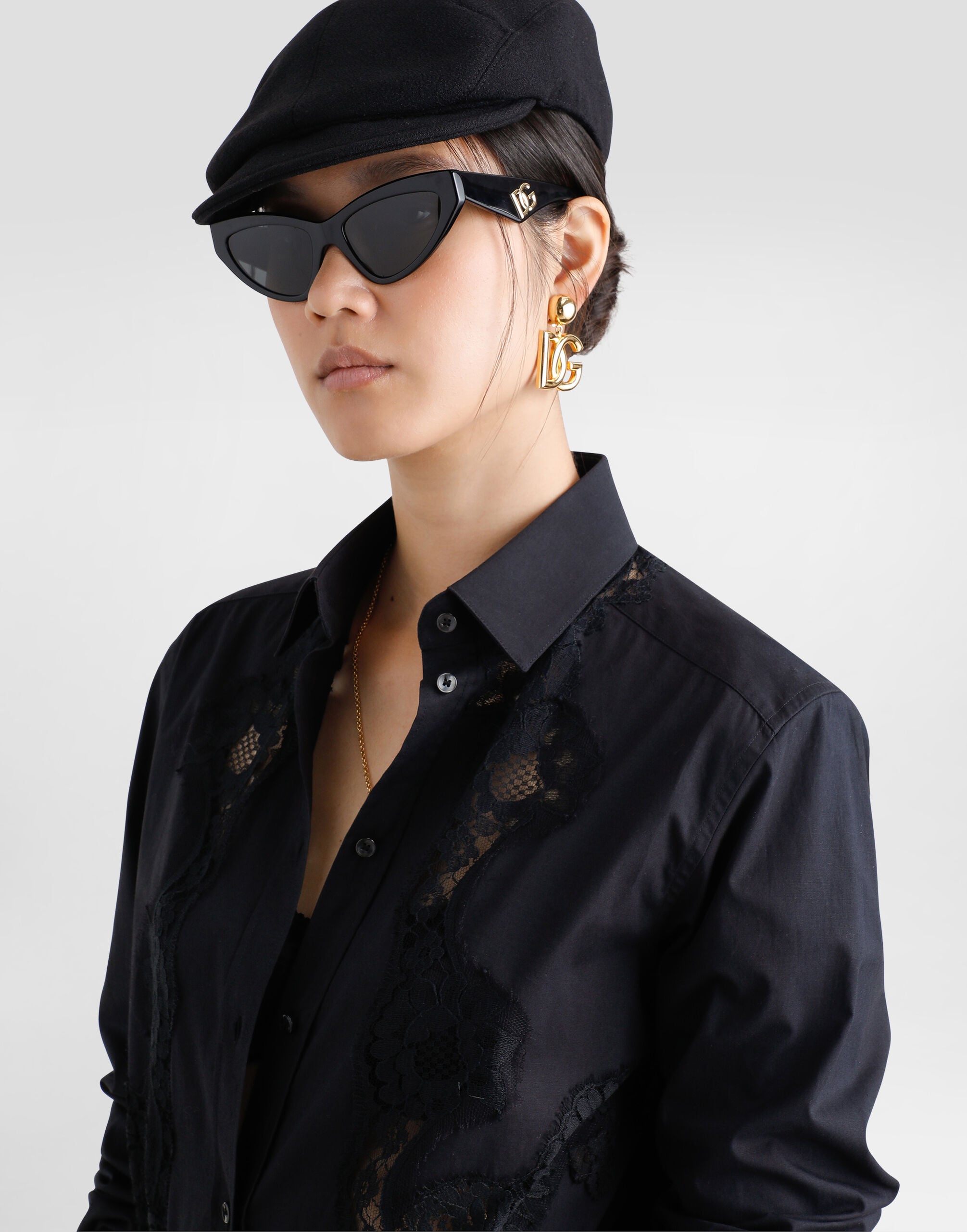Cotton poplin shirt with lace inlay in Black for Women