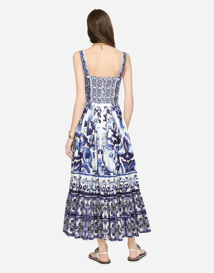 Dolce & Gabbana Calf-length corset dress in majolica-print cotton poplin Multicolor F6AEITHH5A1