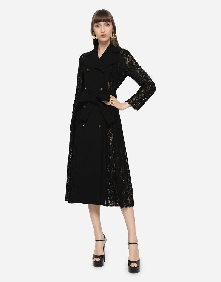 Dolce & Gabbana 腰带款绉绸与 Cordonetto 蕾丝大衣 黑 F0B5ATHLMTB