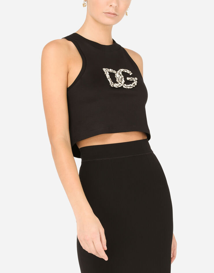 Dolce & Gabbana Cropped jersey tank top with crystal DG embellishment Black F8P57ZHU7IF