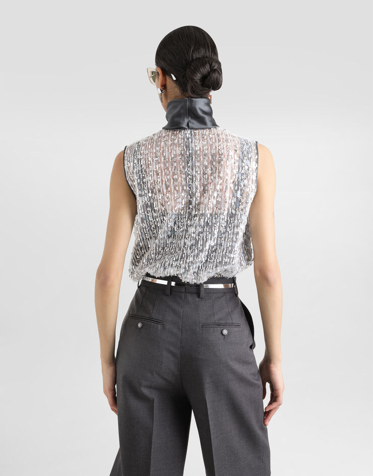 Dolce & Gabbana Tulle turtle-neck top with sequin embellishment Silver F7AL2TFLSKB