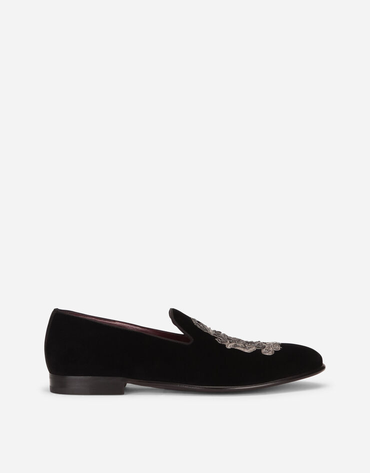 Dolce & Gabbana Slipper de terciopelo con blasón bordado Negro/Plateado A50433AO249