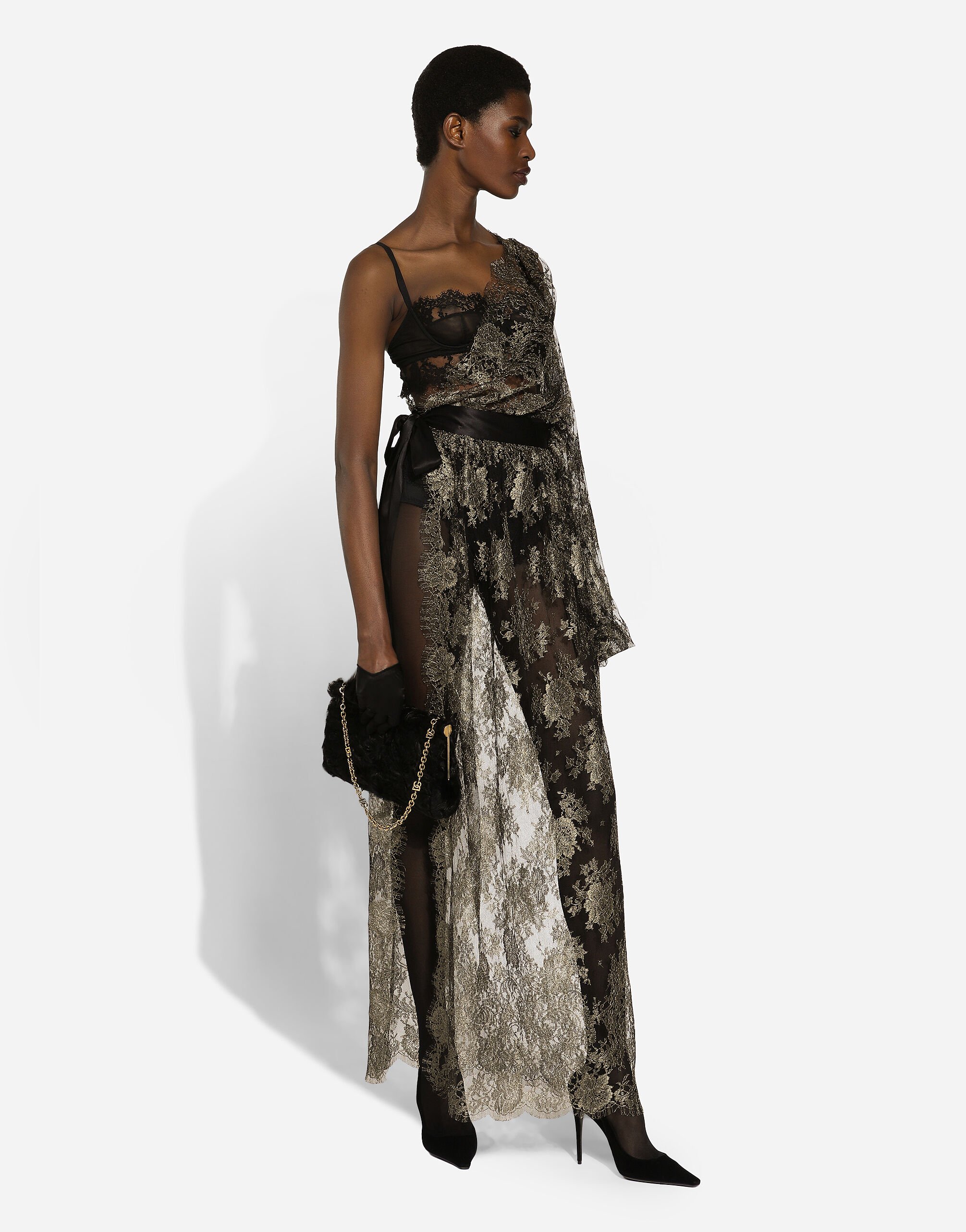 Calf length one shoulder lame Chantilly lace dress in Gold for Women Dolce Gabbana