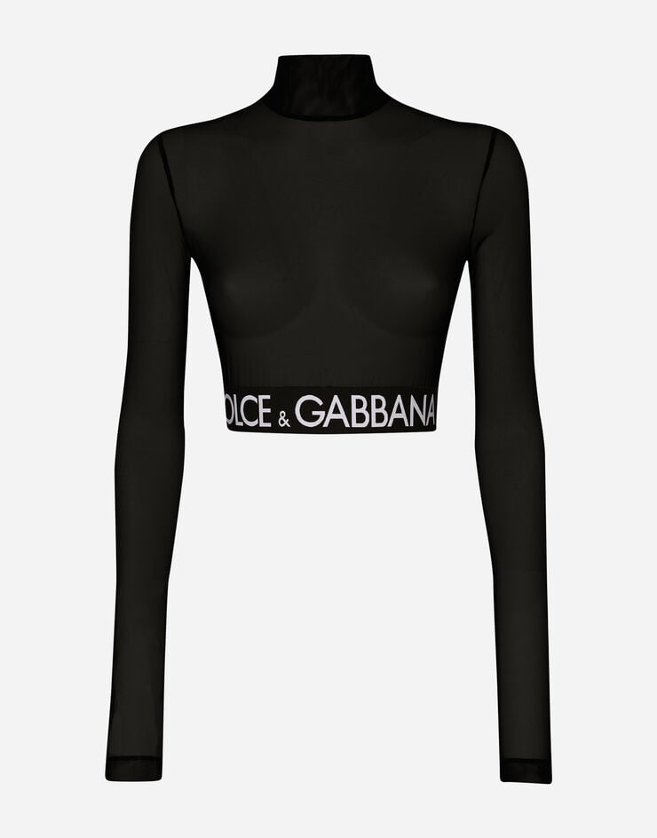 Dolce & Gabbana Oberteil aus Tüll mit hohem Kragen Schwarz F8N52TFLRDA