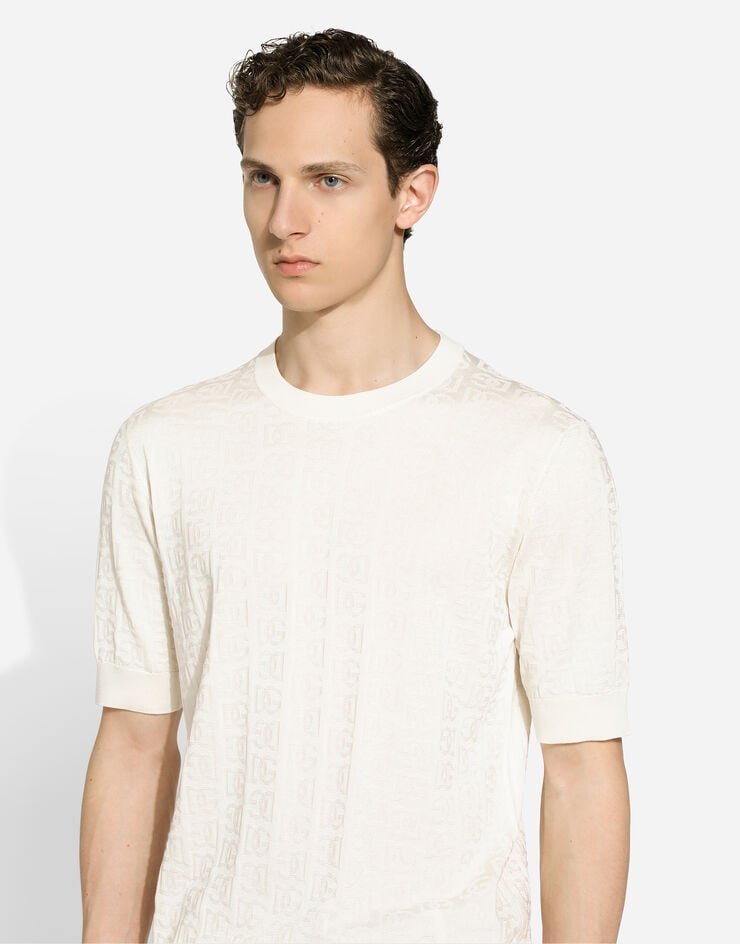 Dolce & Gabbana Silk jacquard round-neck sweater with DG logo White GXX03TJBSOS