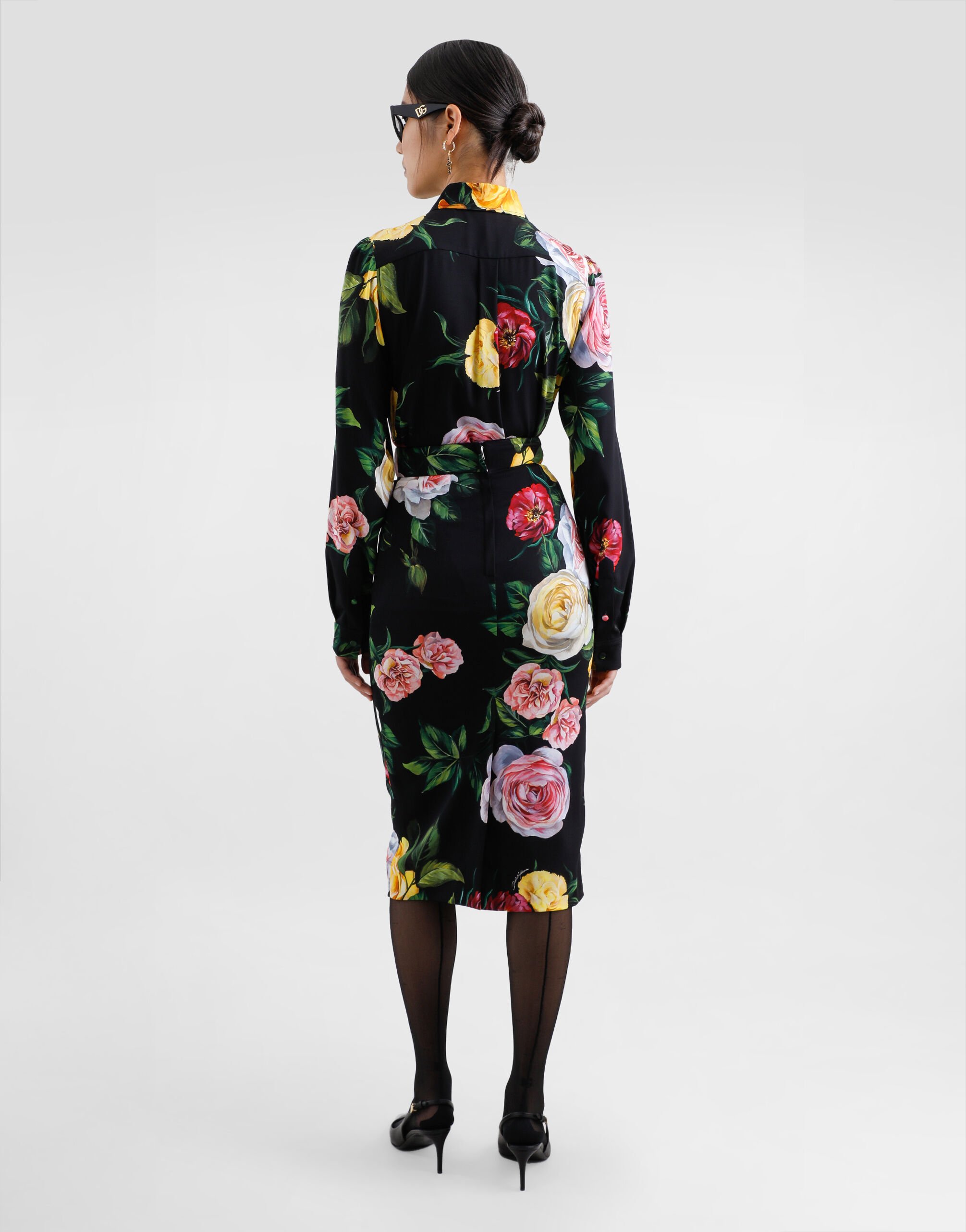 Peony and rose-print charmeuse calf-length skirt in Print