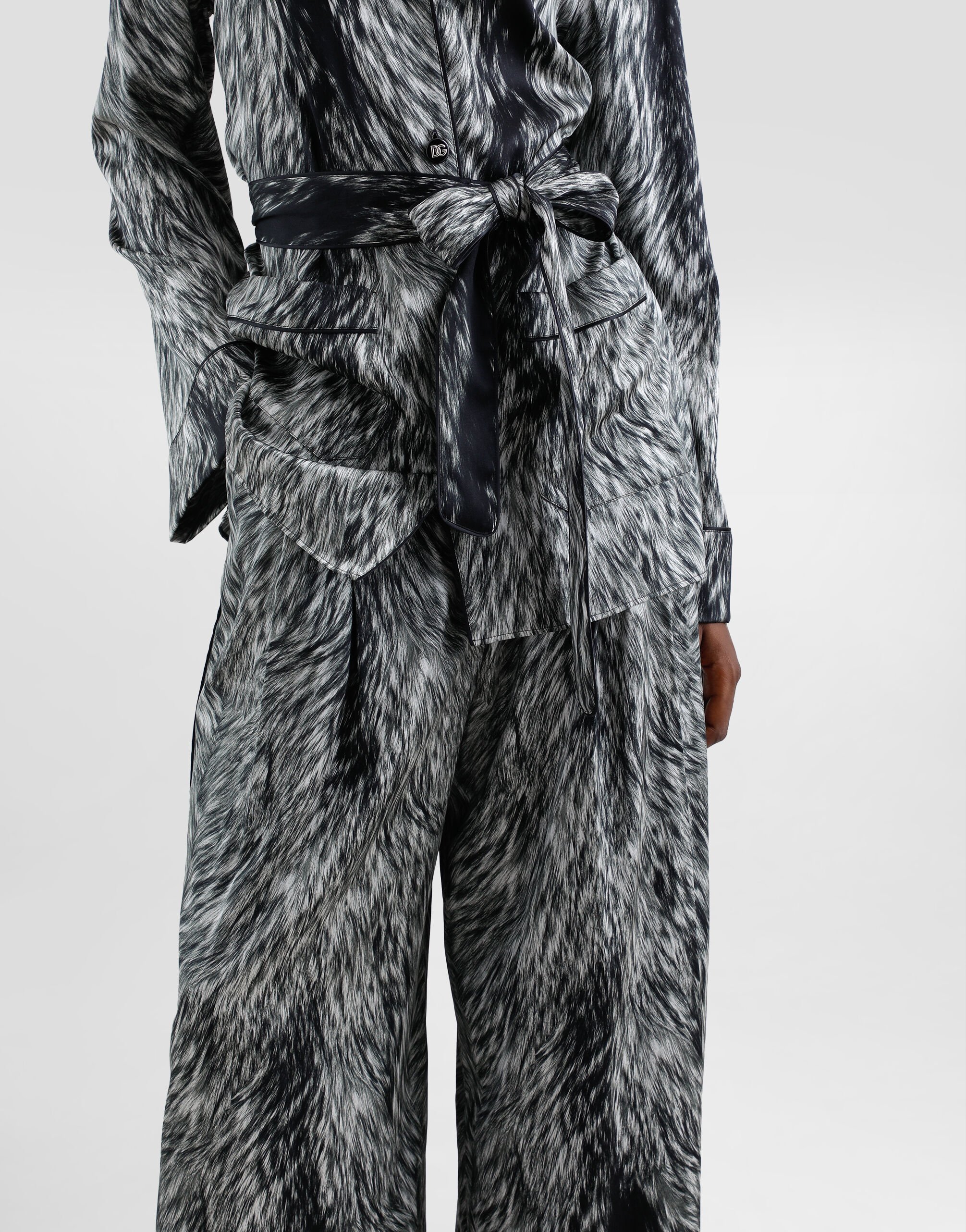 Silk satin pajama pants with fur print in Grey for Women