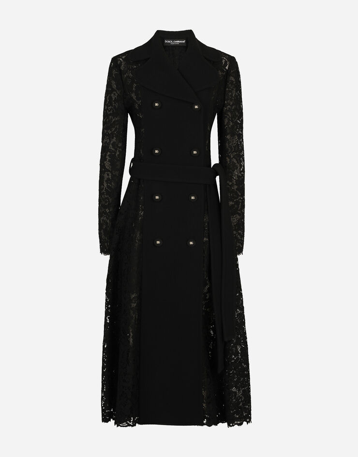 Dolce & Gabbana Manteau en dentelle cordonnet et crêpe avec ceinture Noir F0B5ATHLMTB