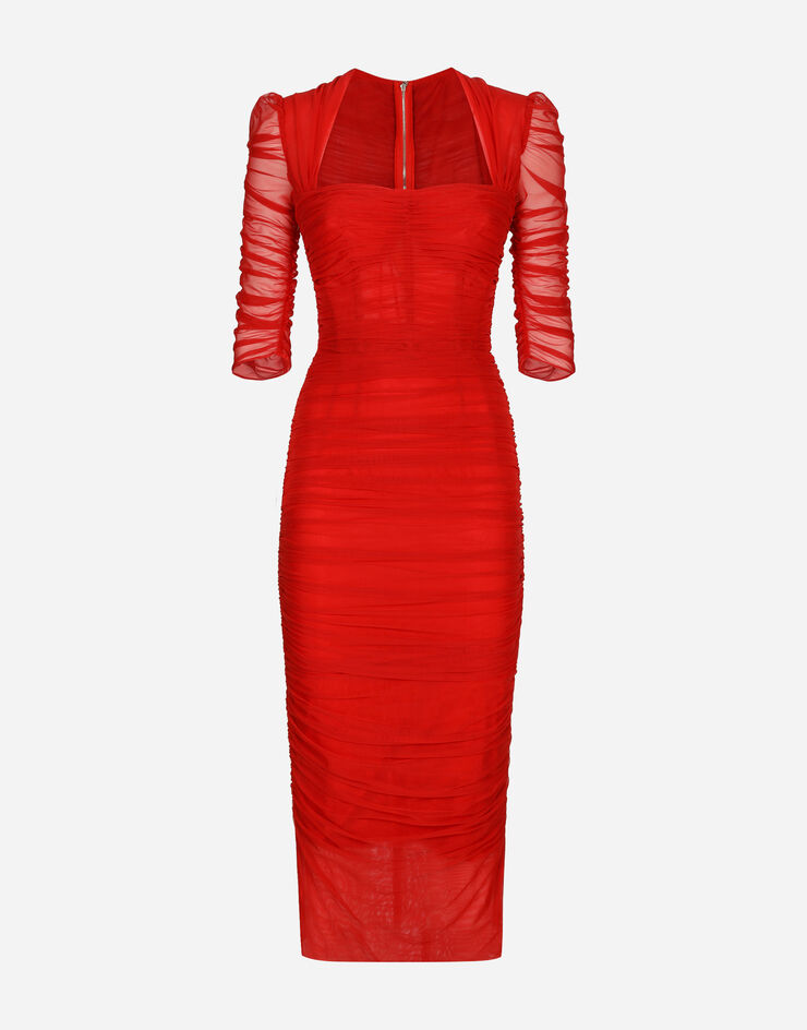 Dolce & Gabbana Tulle calf-length dress with draping Red F6XD3TFLRDA