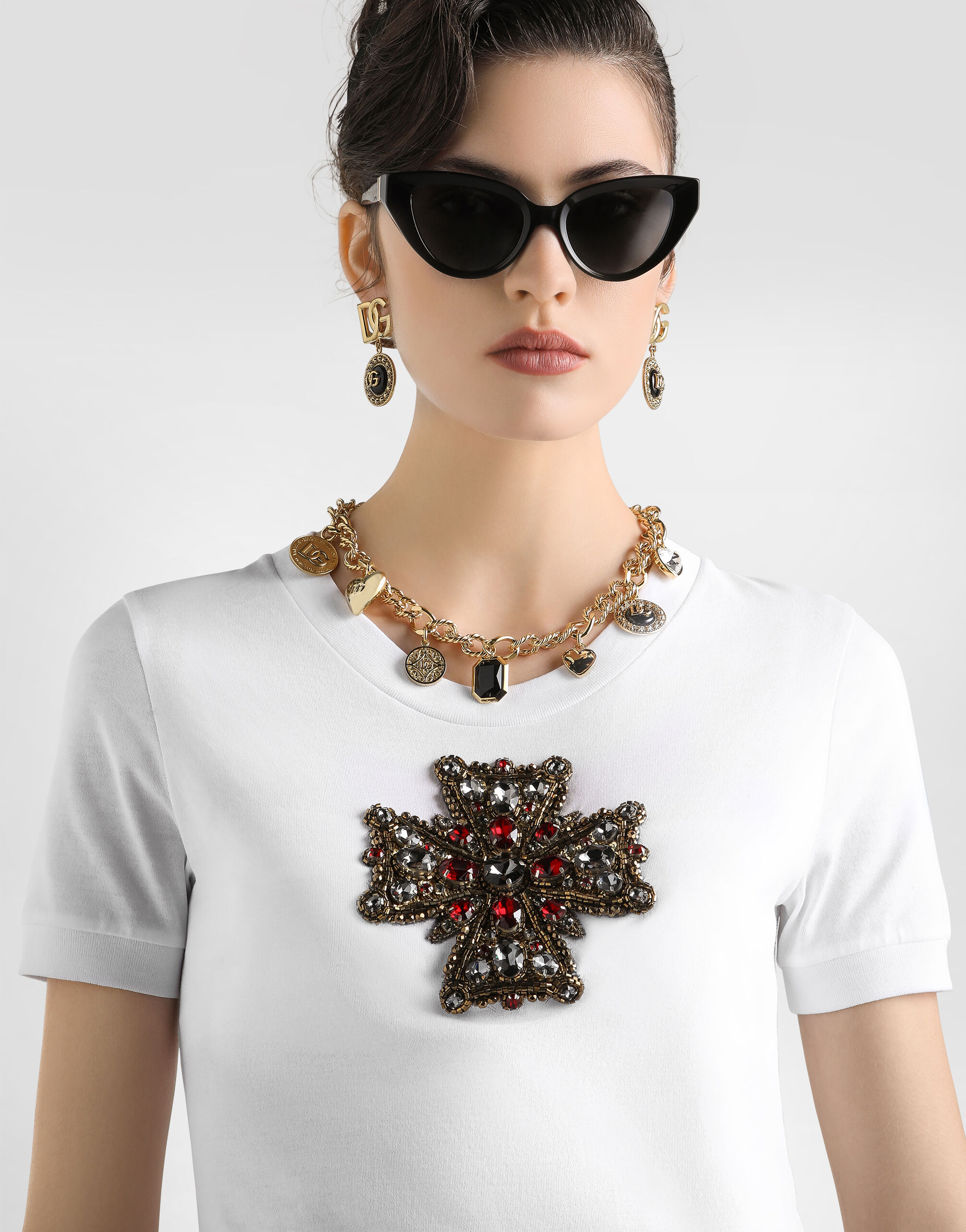 T-shirt with swarovski cross in White for Women | Dolce&Gabbana® US