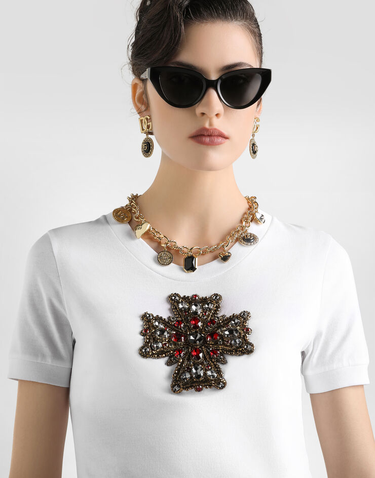 Dolce & Gabbana Camiseta con cruz de Swarovski Blanco F8N08ZGDC7G