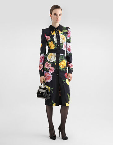 Dolce & Gabbana Calf-length cady shirt dress with peony and rose print Print F6TLDTFSRPH