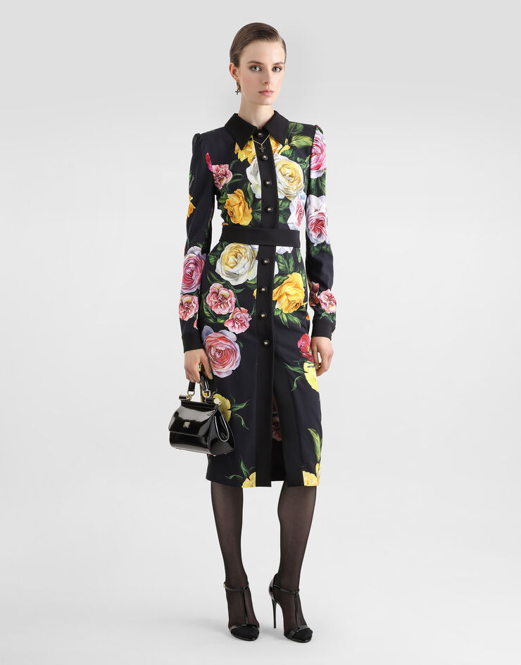 Dolce & Gabbana Calf-length cady shirt dress with peony and rose print Print F6TLDTFSRPH
