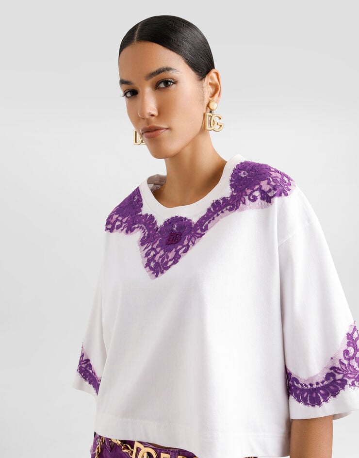 Dolce & Gabbana Camiseta de punto con encaje y parche DG Blanco F8V65ZGDDBN