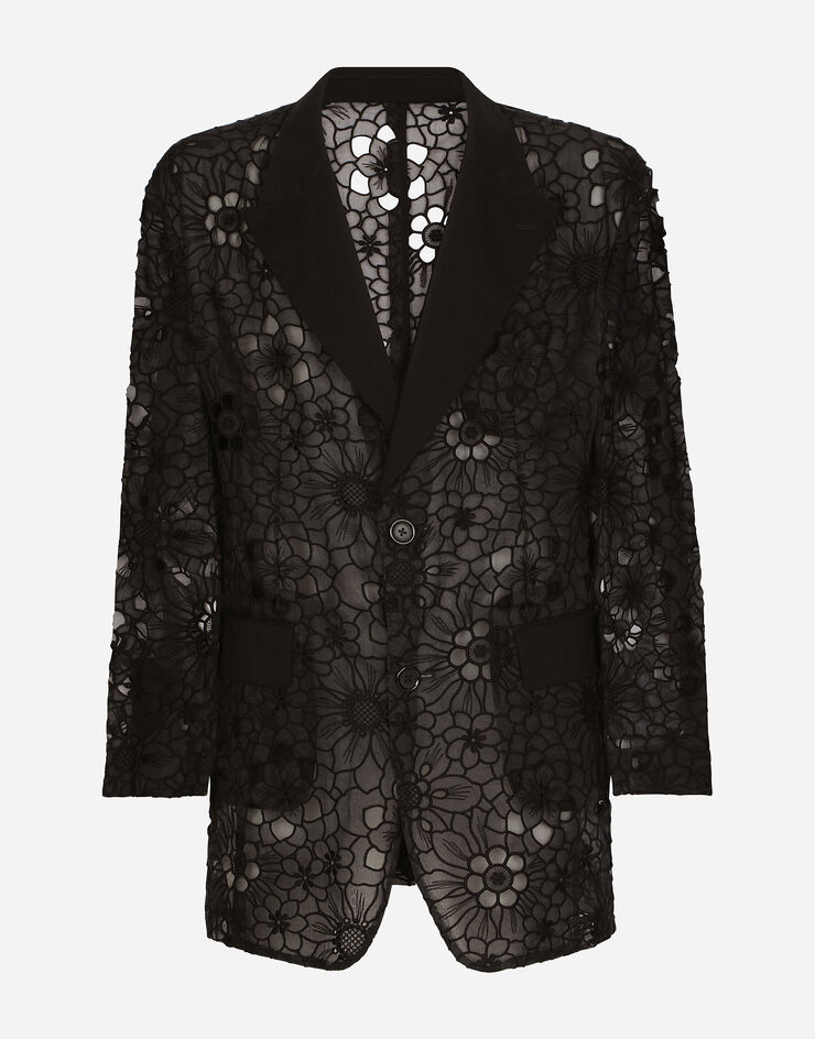 Dolce & Gabbana Oversize tailored single-breasted jacket in stretch broderie anglaise Black G2SF0THLMT3