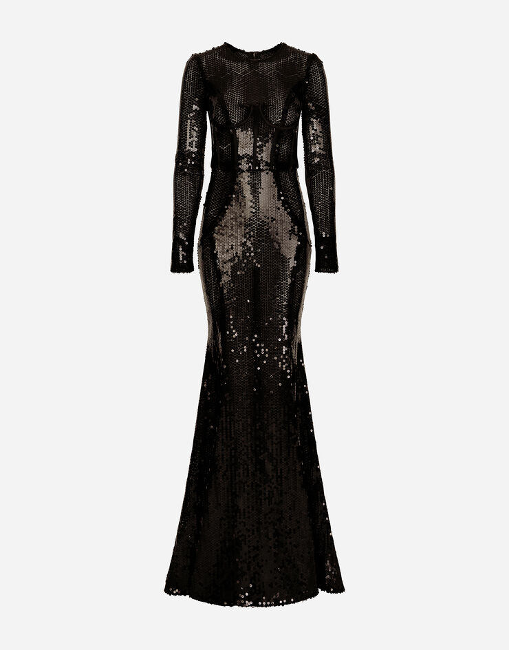 Dolce & Gabbana 코르셋 디테일 시퀸 롱 드레스 블랙 F6AUGTFLSHF