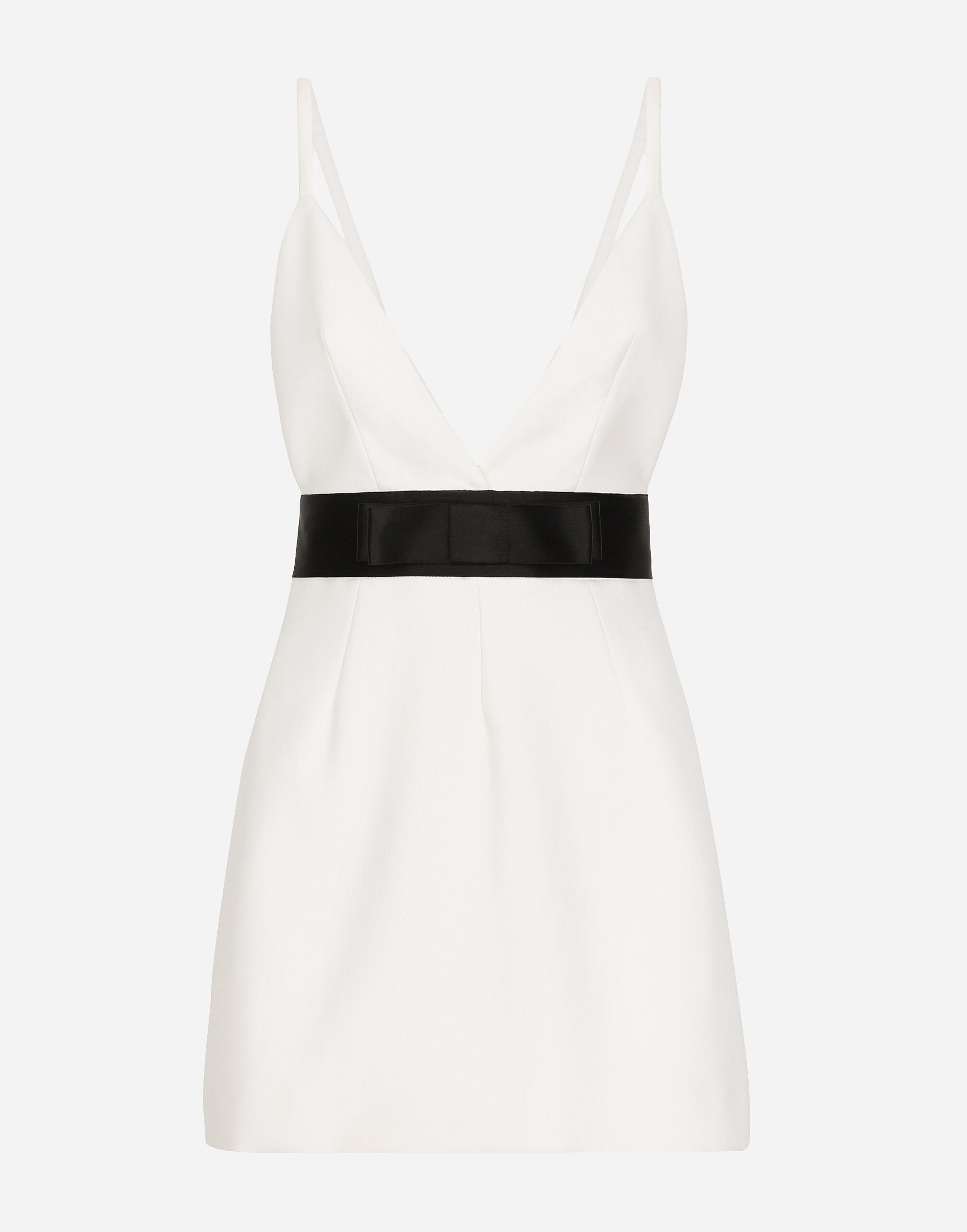 Dolce & Gabbana Vestido corto en paño de lana con tirantes y cinturón de raso Imprima F6ZT0THS5M3