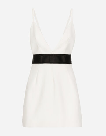 Dolce & Gabbana Short woolen dress with satin belt and straps White F6JEYTFUBGE