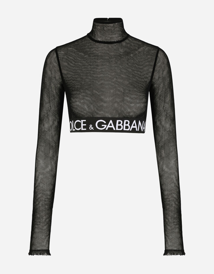 Dolce & Gabbana Tulle crop top with branded elastic Black F8N63TFLEAA
