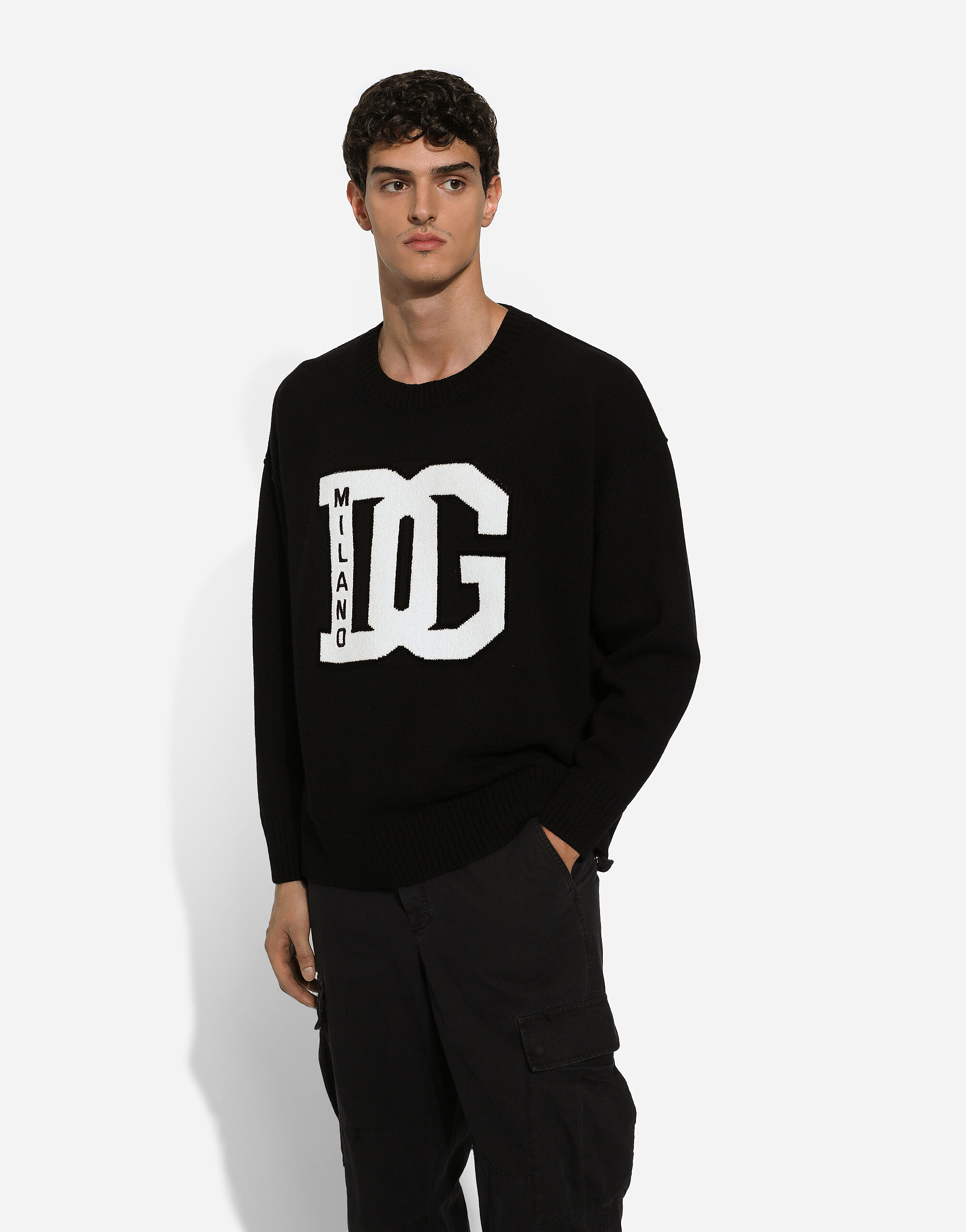 Wool round-neck sweater with DG inlay in Black for Men | Dolce&Gabbana® US