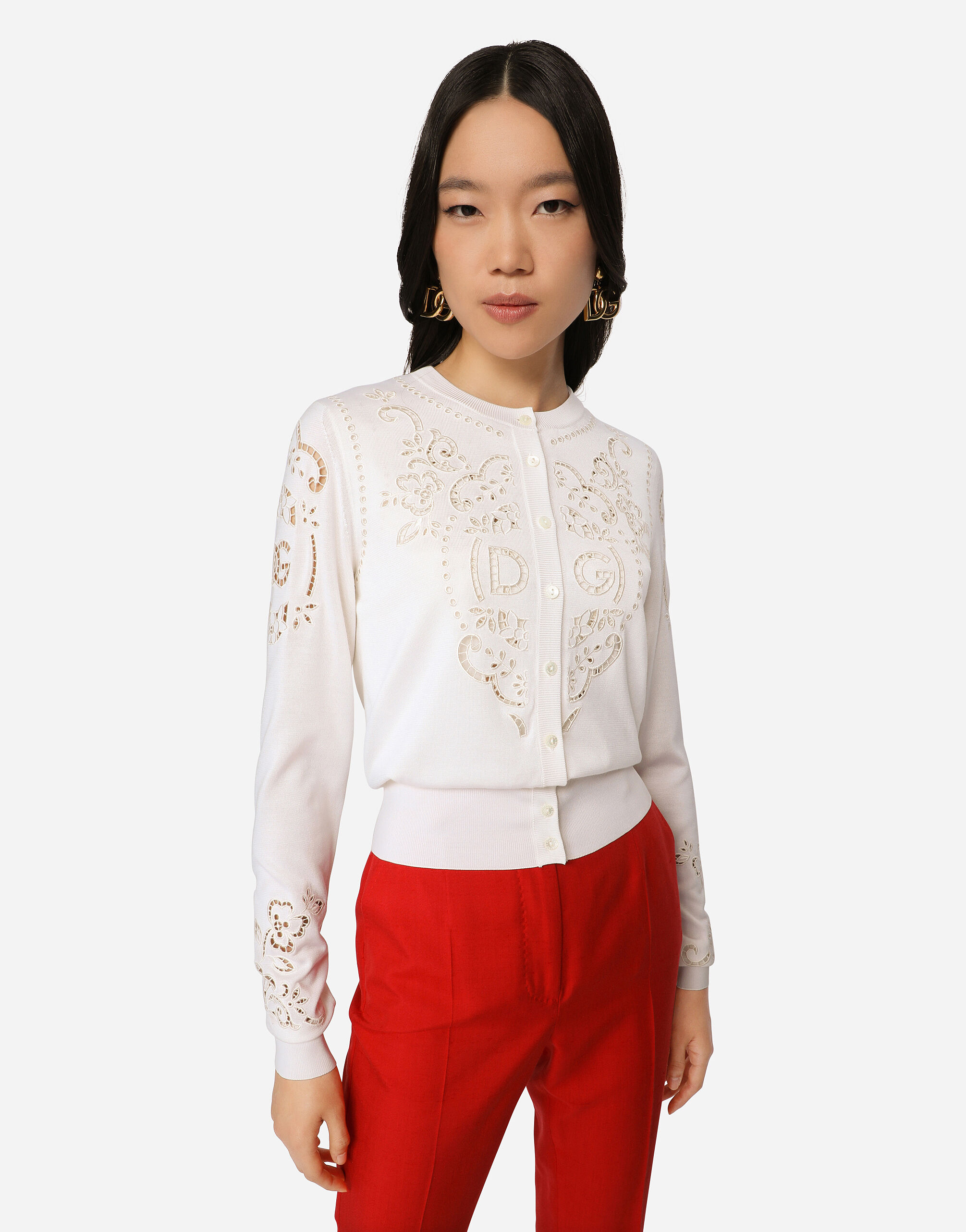 Silk cardigan with DG openwork embroidery in White for Women Dolce Gabbana