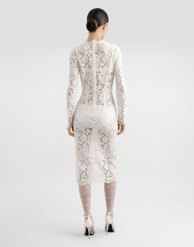 Dolce & Gabbana Long-sleeved branded stretch lace dress White F6M0DTHLM7L