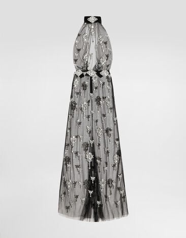 Dolce & Gabbana Long dress in tulle embroidered with rhinestones Multicolor F60D9ZGDDF3