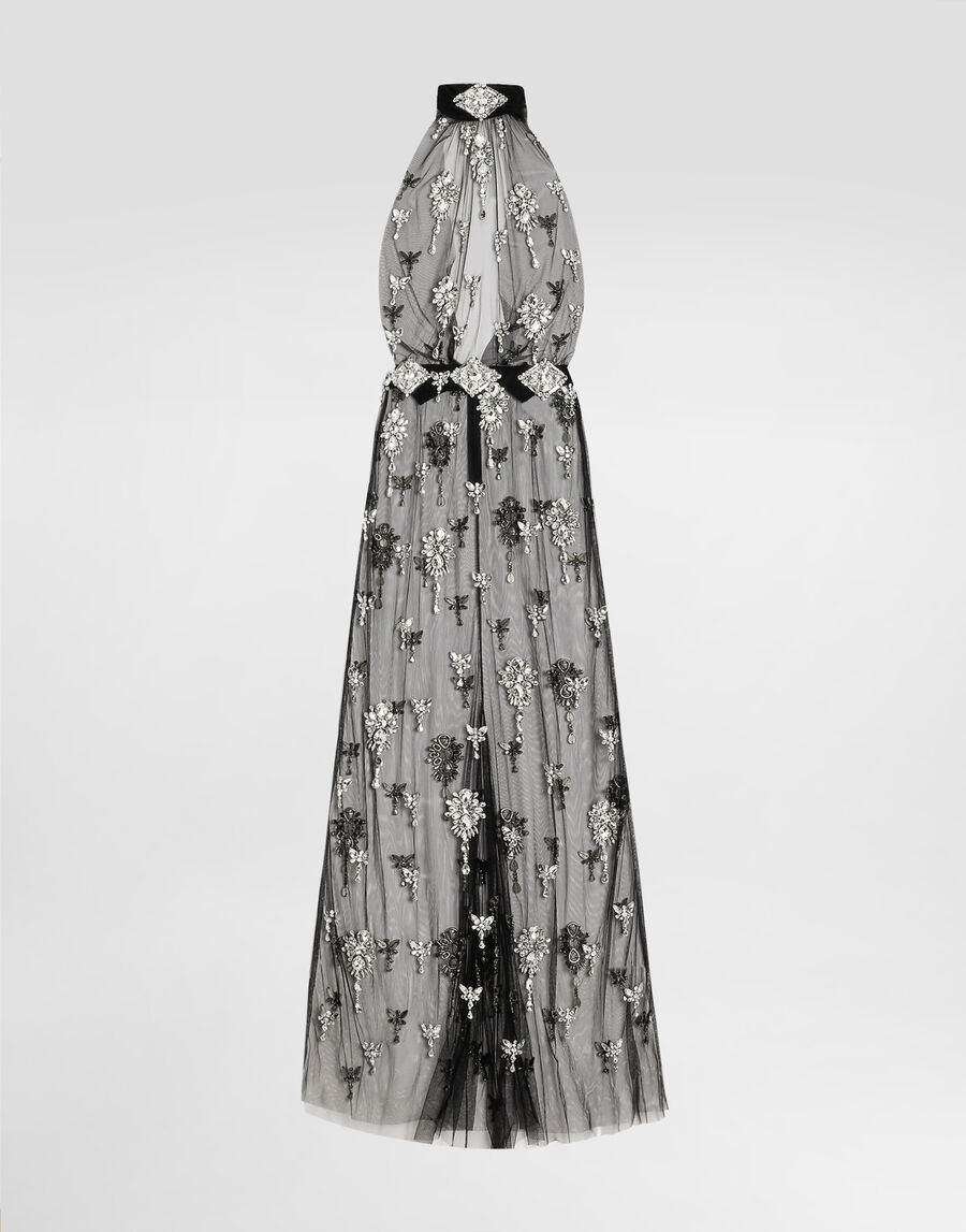 Long dress in tulle embroidered with rhinestones