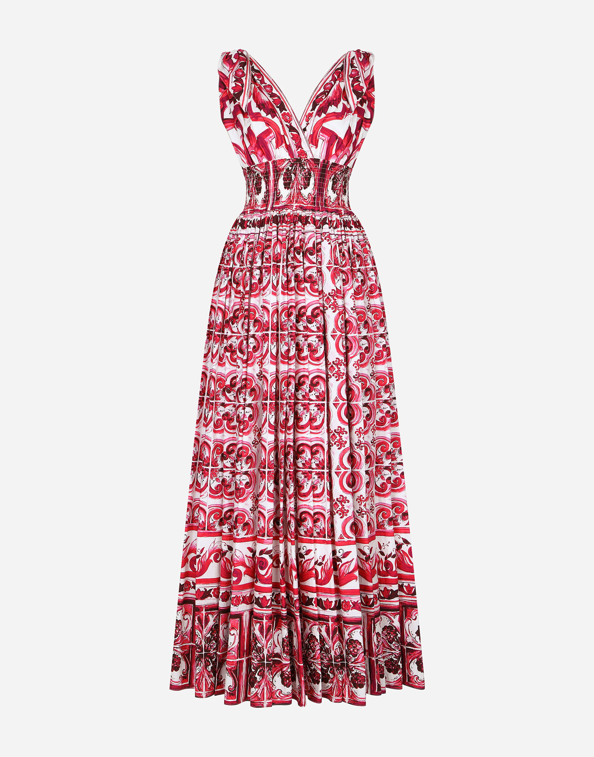 Dolce & Gabbana Langes Kleid aus Popeline Majolika-Print Weiss BB7287AW576