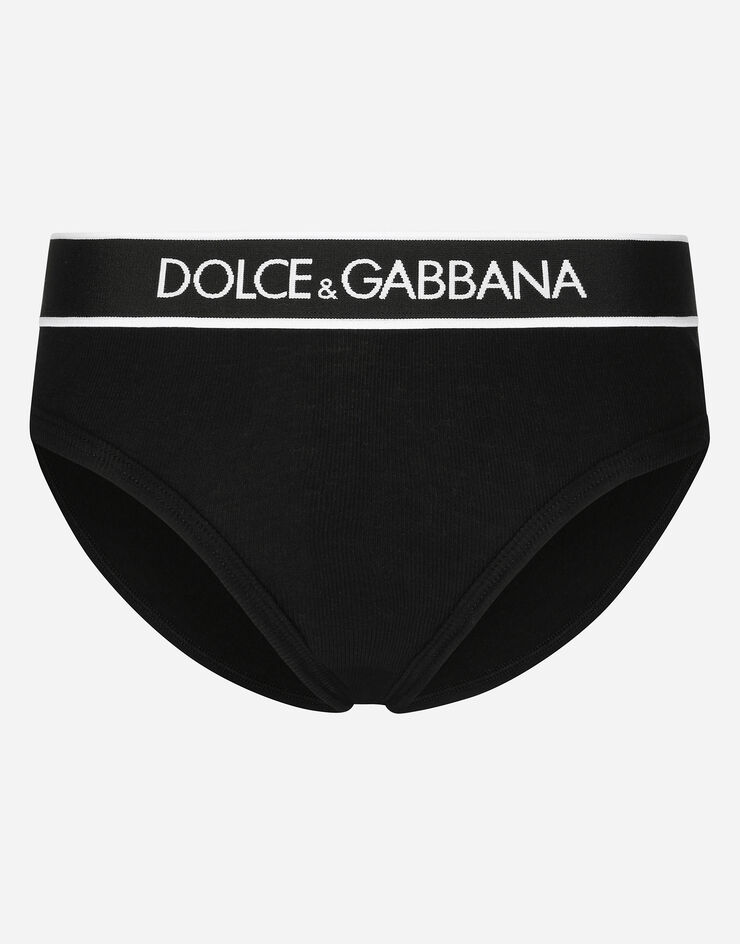 Dolce & Gabbana Slip brésilien en jersey côtelé avec élastique à logo Noir O2C11TFUGF5