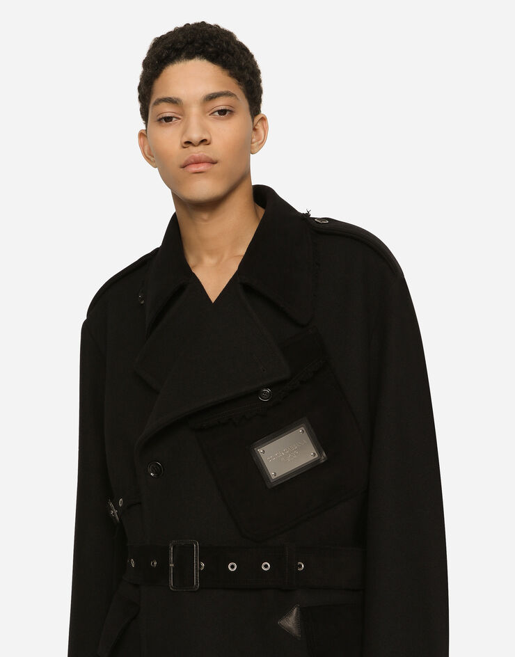 Dolce&Gabbana Double-breasted baize trench coat with logo label Black G040OTFU2SL