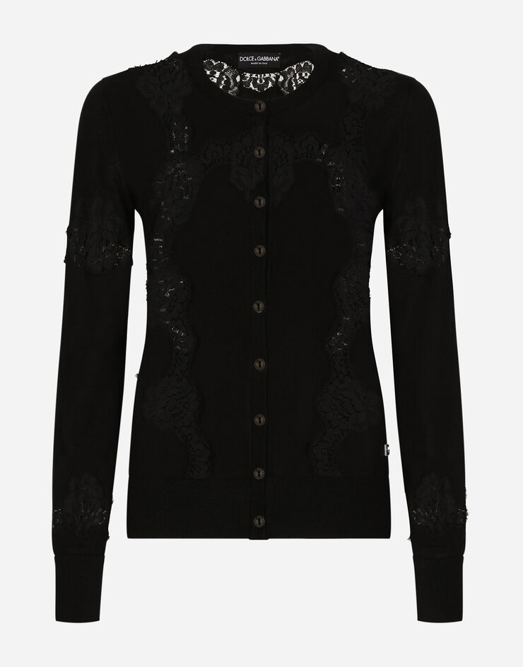 Dolce & Gabbana Cardigan en cachemire et soie avec intarsias en dentelle Noir FXJ16TJEMO7