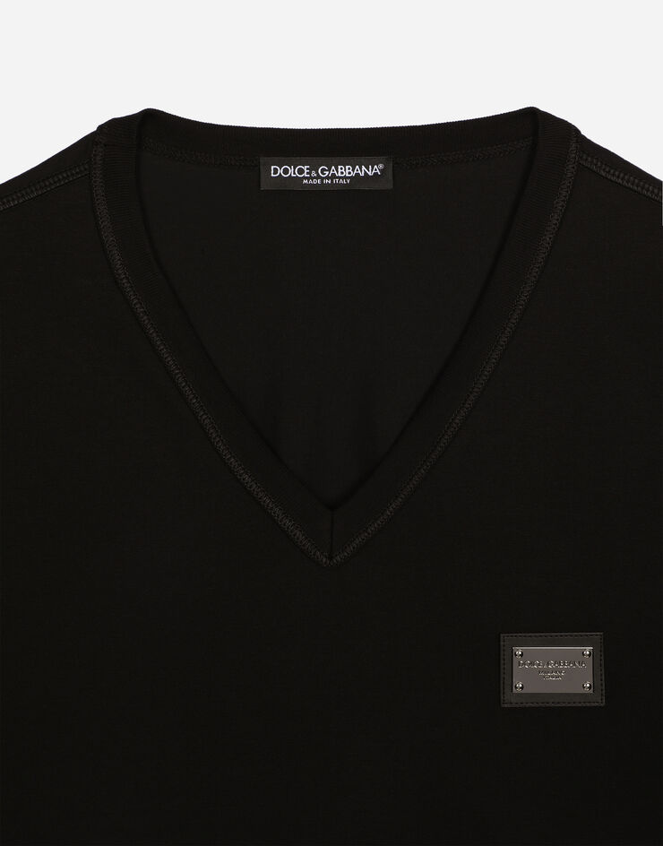 Dolce & Gabbana Camiseta de algodón con cuello de pico y placa con logotipo Negro G8PT2TG7F2I