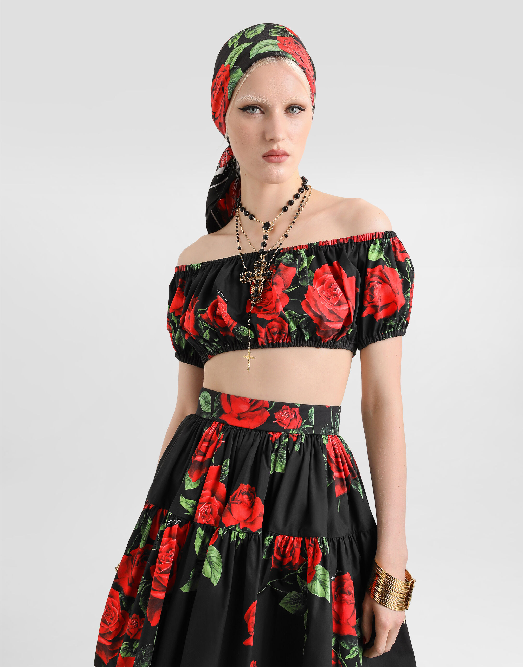 DOLCE&GABBANA カットソー トップス シルク 豪華 薔薇柄 36 Rose-print poplin top in Multicolor for Women | Dolce&Gabbana® US