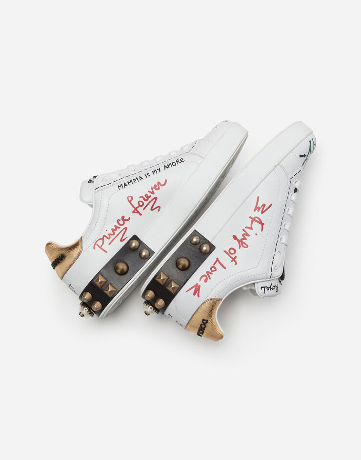 Dolce & Gabbana Printed calfskin nappa Portofino sneakers with patch and embroidery 白/金 CK1544AH029